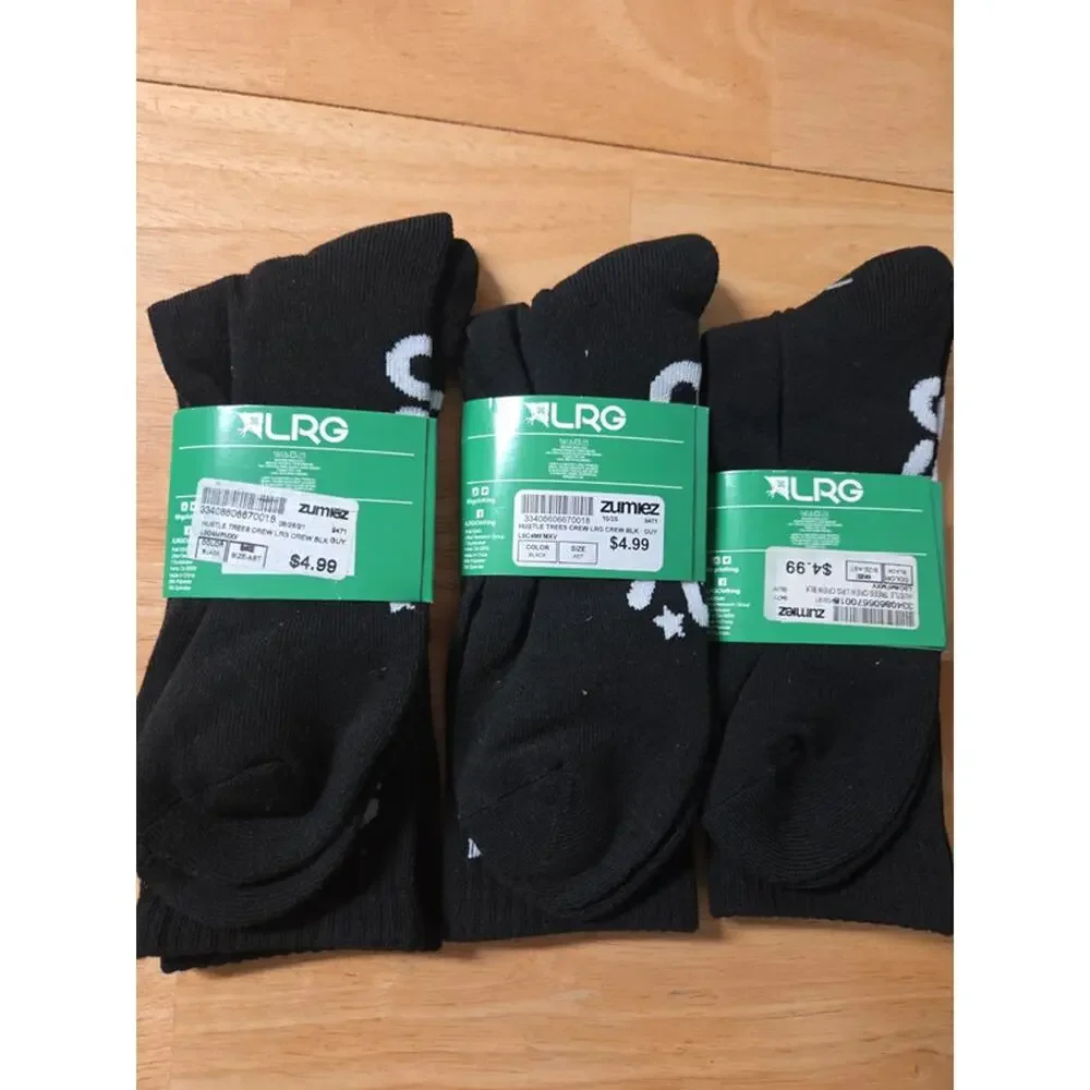 LRG Lifted Research Group Hustle Free Crew Socks 3 Pairs Mens Large Black NWT